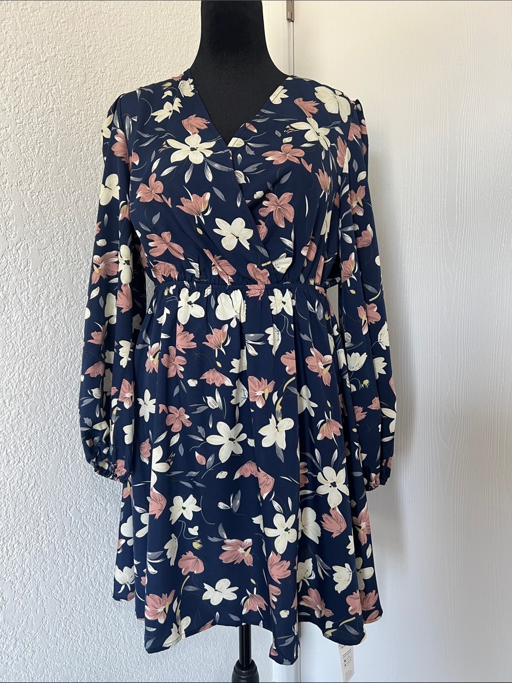 Cupshe Navy Floral Wrap-Style Long Sleeve Dress